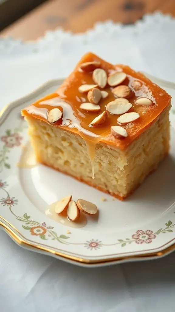 A slice of Bienenstich honey cake topped with almonds and honey glaze on a decorative plate.