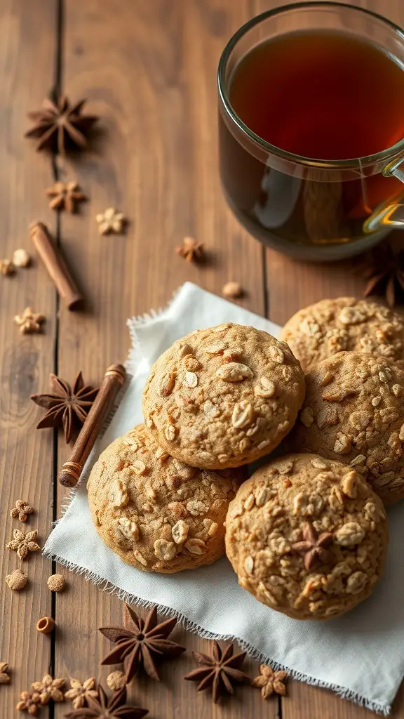 A stack of chai spiced oatmeal cookies with a cup of tea and whole spices on a wooden table.
