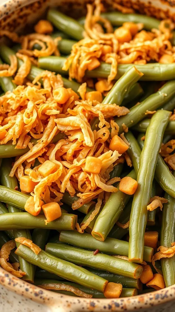 A close-up of a classic green bean casserole topped with crispy onions and sweet corn.