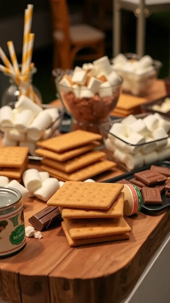 A S'mores bar featuring graham crackers, marshmallows, chocolate, and assorted toppings.