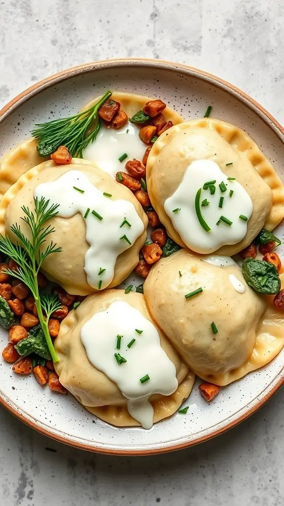 A plate of lentil and spinach perogies topped with sour cream and garnished with herbs.