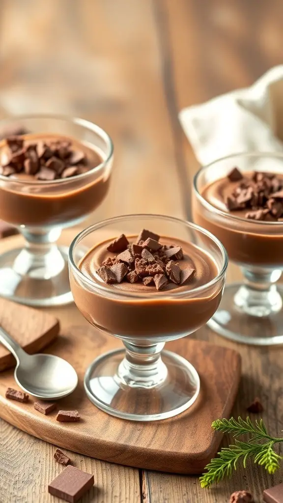 Three servings of chocolate cottage cheese mousse in glass dishes, topped with chocolate shavings on a wooden table.