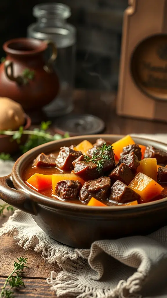 A bowl of slow cooker beef stew with root vegetables, featuring chunks of beef, carrots, and potatoes.