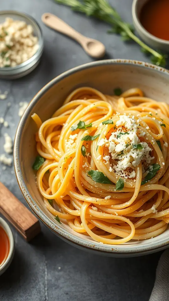 A bowl of kluski noodles topped with cheese and herbs