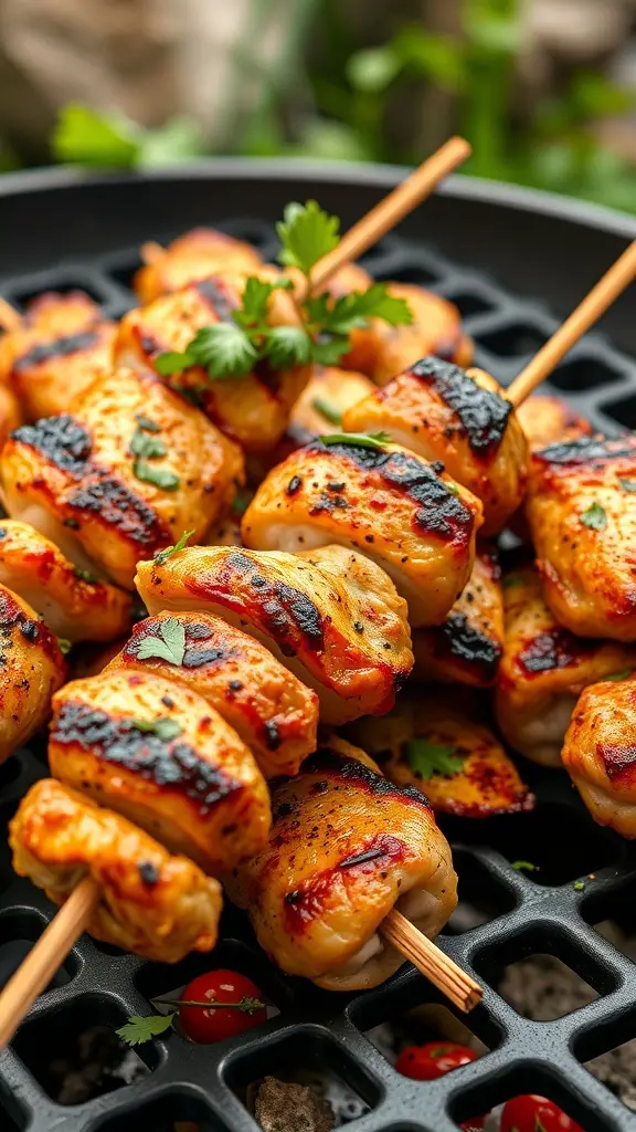 Grilled seasoned chicken skewers on a grill, garnished with herbs.