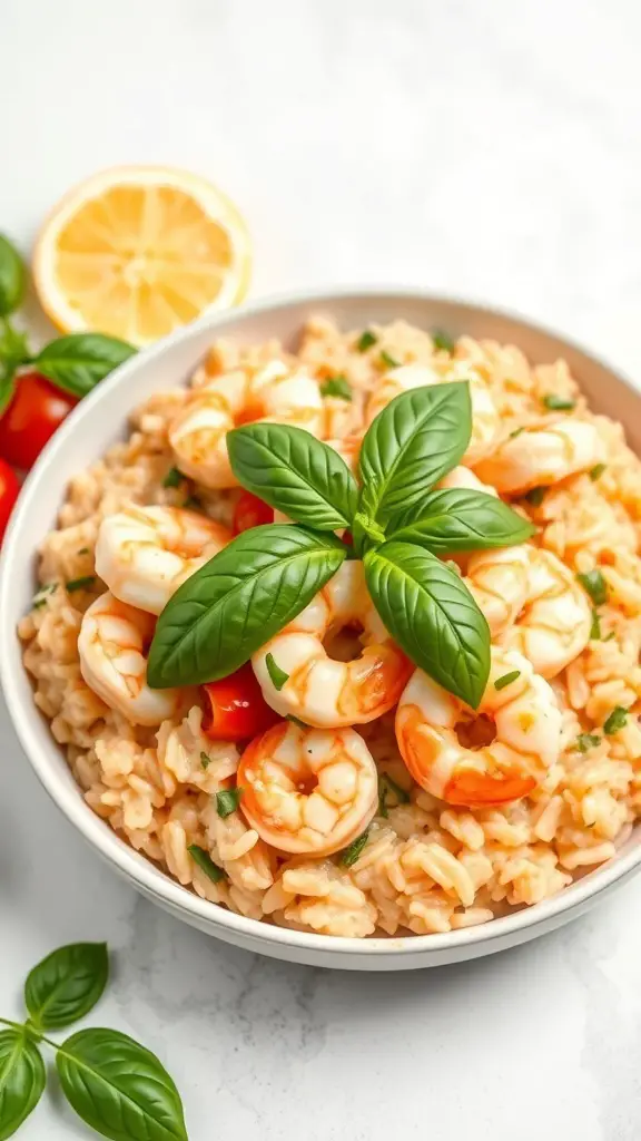 A bowl of creamy tomato basil seafood risotto topped with shrimp and basil leaves