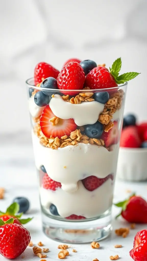 A glass of Berry Bliss Parfait with layers of yogurt, strawberries, blueberries, and granola.