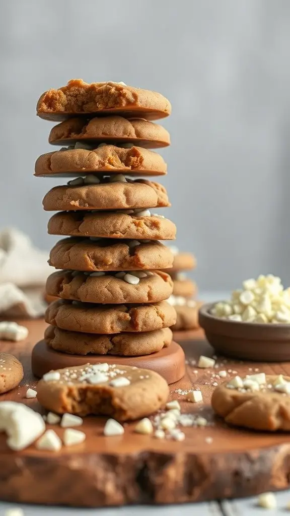 A stack of vegan toffee cookies with white chocolate chips, some cookies are broken showing the chewy texture.
