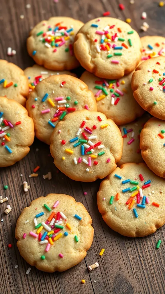 A pile of funfetti celebration cookies with colorful sprinkles on top.