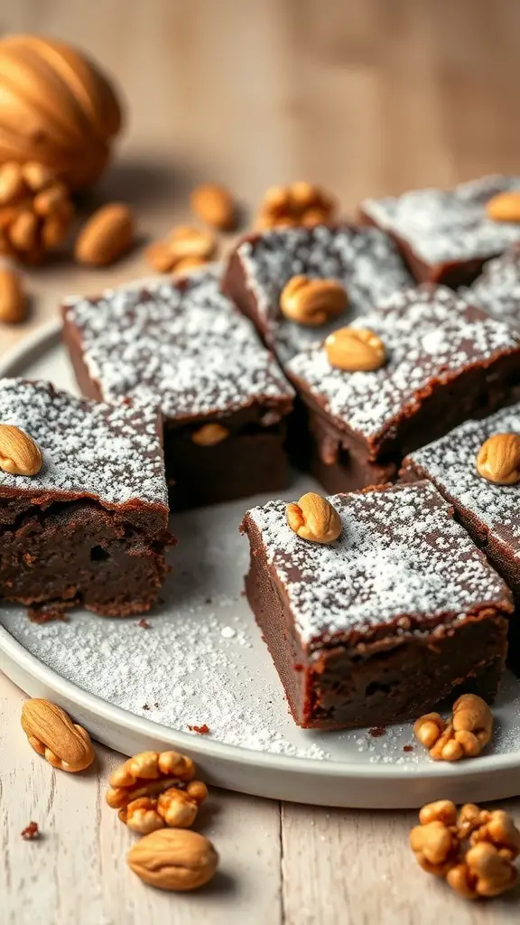 A plate of almond flour brownies topped with powdered sugar and almonds