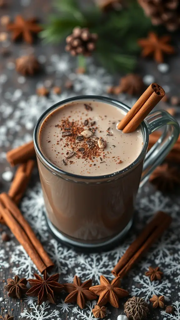 A cozy cup of chai spiced hot chocolate with cinnamon sticks and star anise around it.