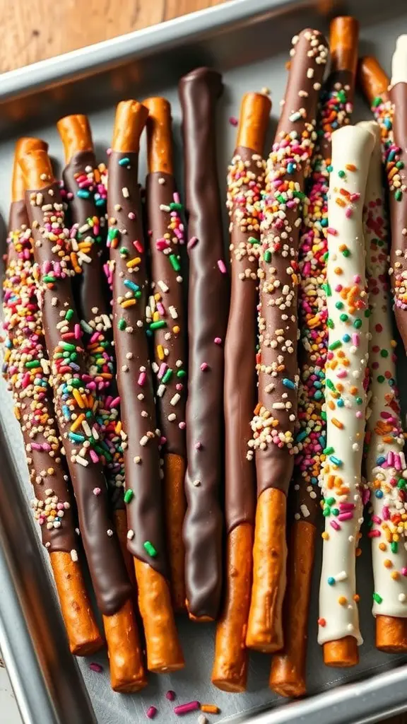 A tray of chocolate-dipped pretzels with colorful sprinkles