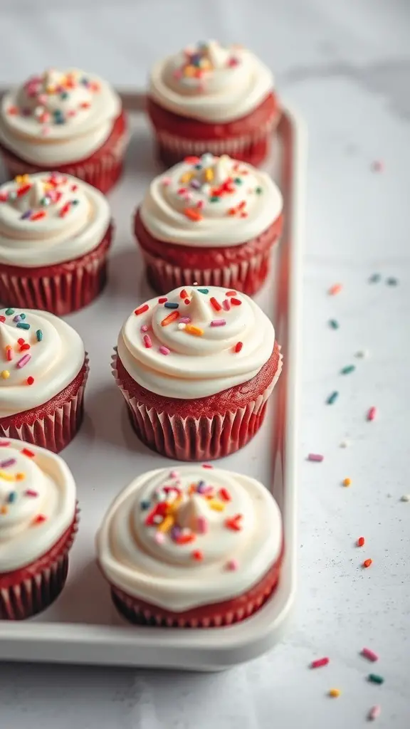A tray of red velvet cupcakes with cream cheese frosting and colorful sprinkles.