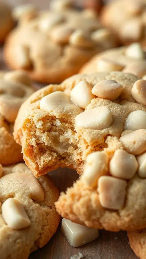 Close-up of white chocolate macadamia nut cookies with a bite taken out.