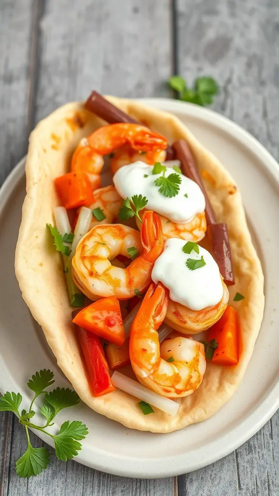 A plate of shrimp tzatziki wraps with shrimp, vegetables, and sauce in a soft wrap.