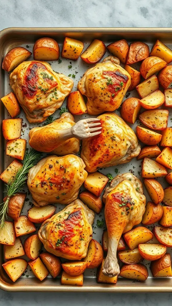 A sheet pan with zaatar spiced chicken and roasted potatoes, showcasing golden-brown chicken and crispy potatoes.