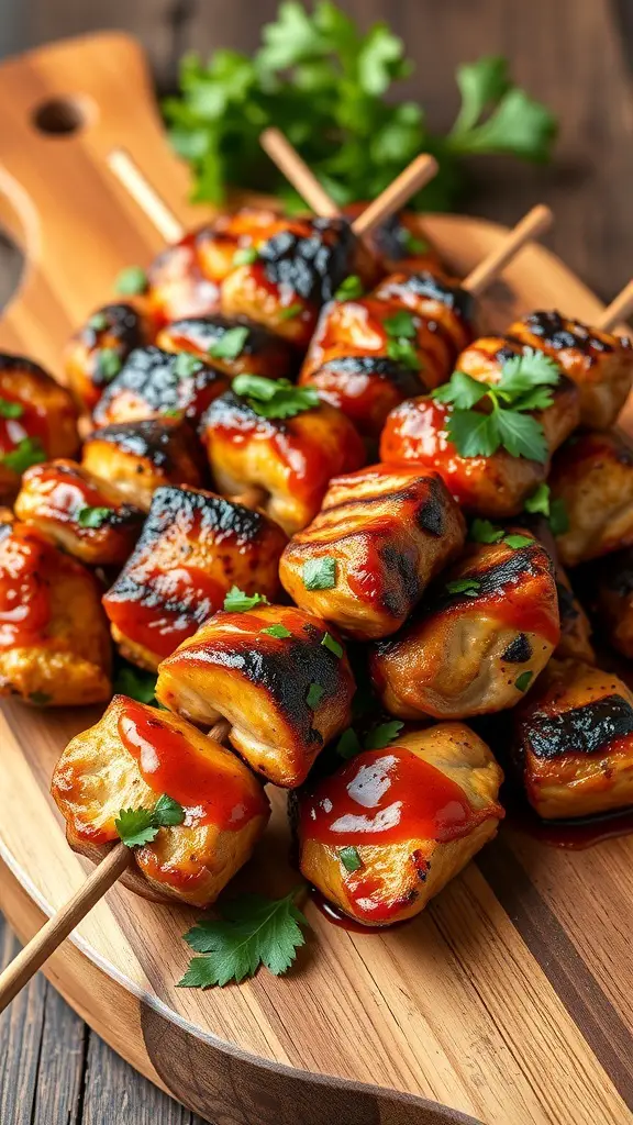 Grilled chicken skewers with chimichurri sauce on a wooden platter