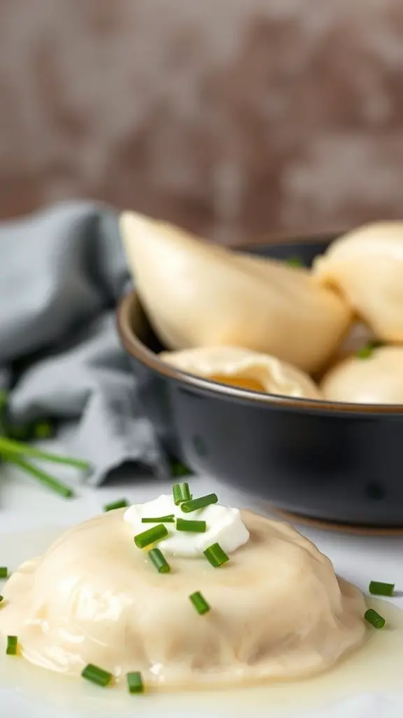 Cottage cheese and chive perogies served with sour cream and chives