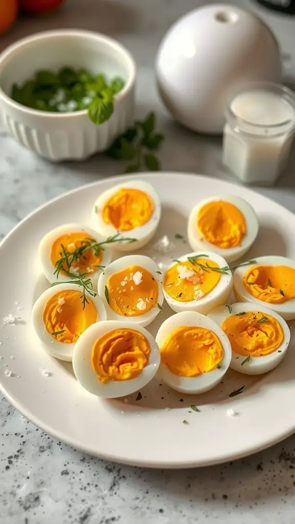 A plate of hard-boiled eggs cut in half, sprinkled with sea salt and garnished with herbs.
