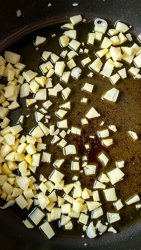Chopped garlic and onion sizzling in a pan with oil