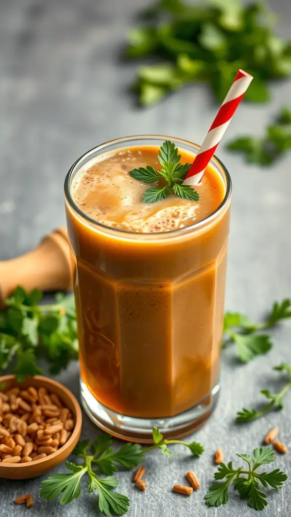 A carnivore smoothie made with bone broth, topped with herbs and served with a striped straw.
