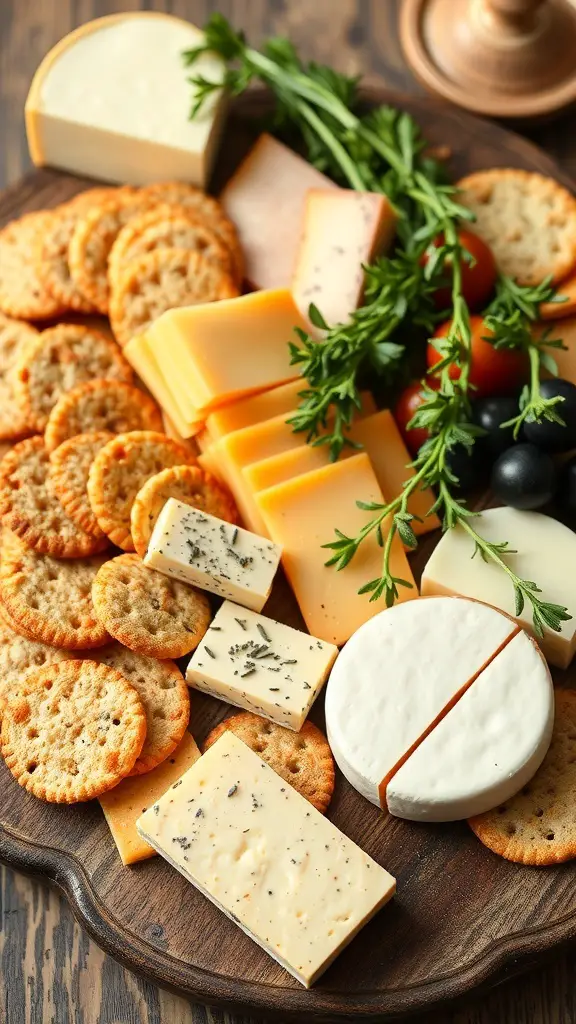A wooden platter filled with various cheeses, crackers, and fresh herbs.
