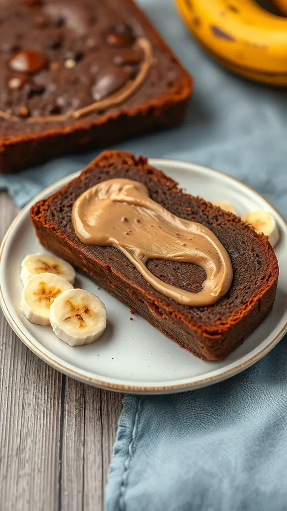 A slice of chocolate banana bread topped with peanut butter, served with banana slices on a plate.