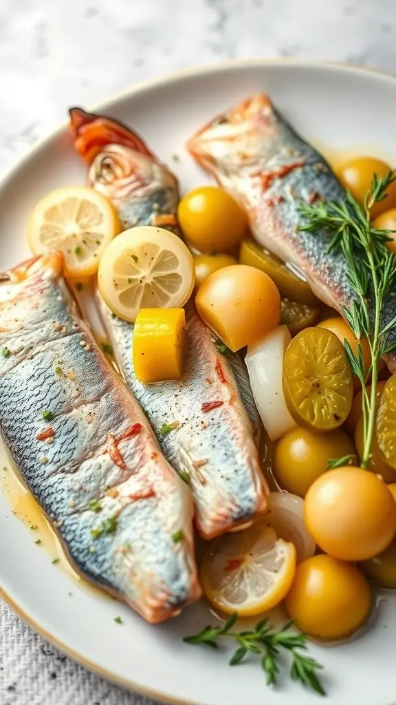 A plate of herring fillets garnished with lemon slices and vegetables.