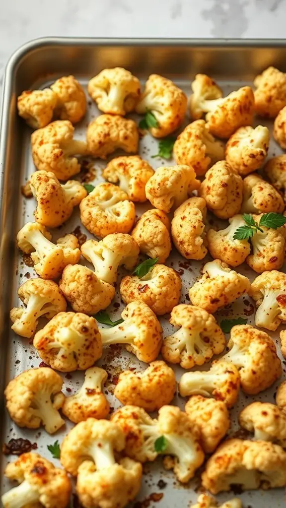 Roasted cauliflower florets seasoned with cumin and paprika on a sheet pan.