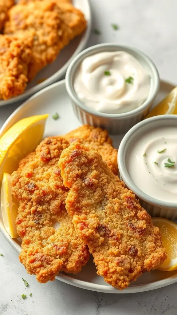 Fried catfish fillets with tartar sauce and lemon wedges on a plate