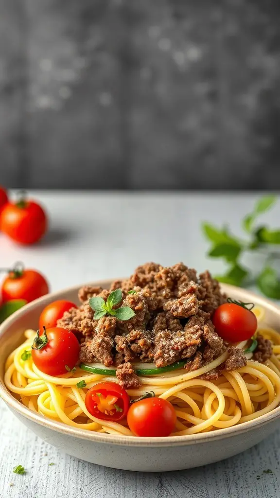 A bowl of zucchini noodles topped with ground beef and cherry tomatoes.