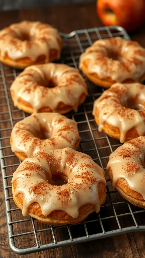 A tray of maple glazed apple cider donuts topped with cinnamon.