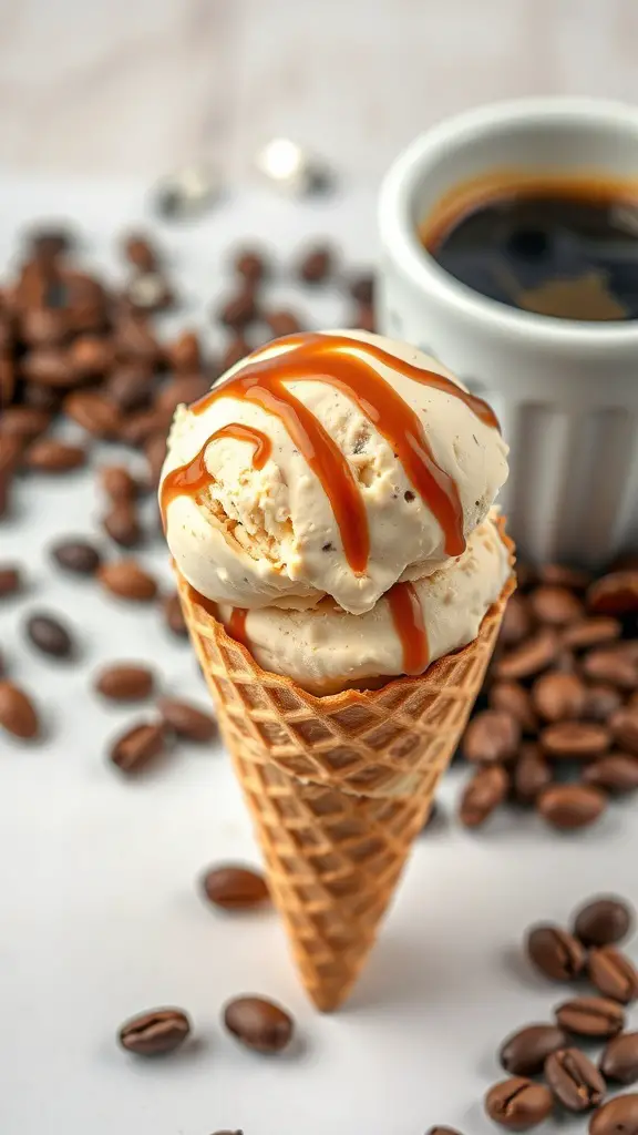 A cone of butter coffee ice cream drizzled with caramel sauce, surrounded by coffee beans and a cup of coffee.