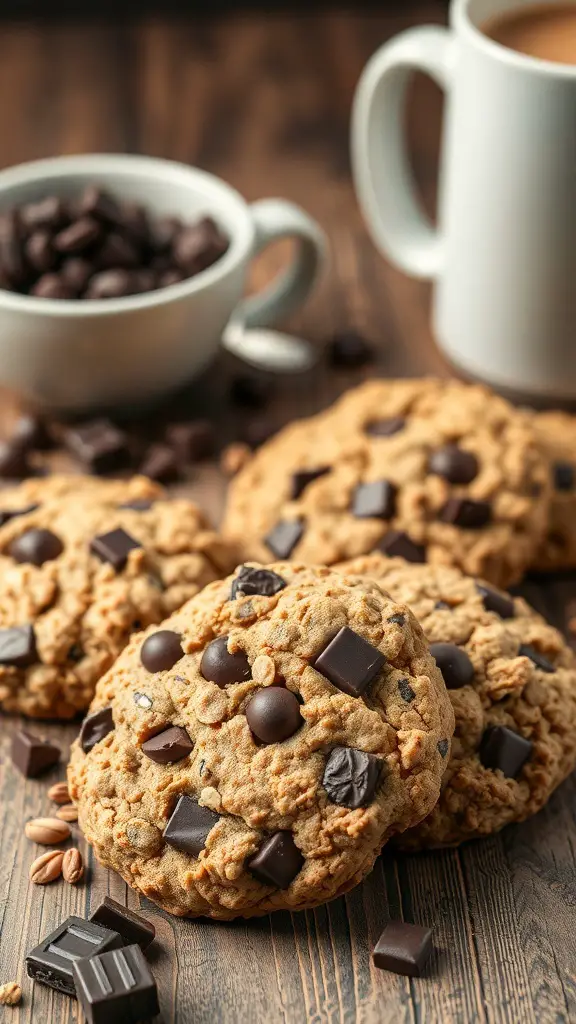 A plate of oatmeal cookies with dark chocolate chunks, a cup of coffee, and a bowl of chocolate chunks on a wooden table.