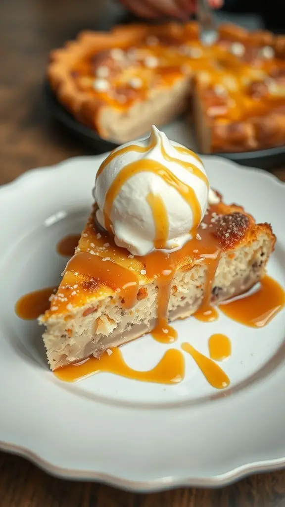 A slice of traditional Polish Szarlotka apple pie with whipped cream and caramel sauce