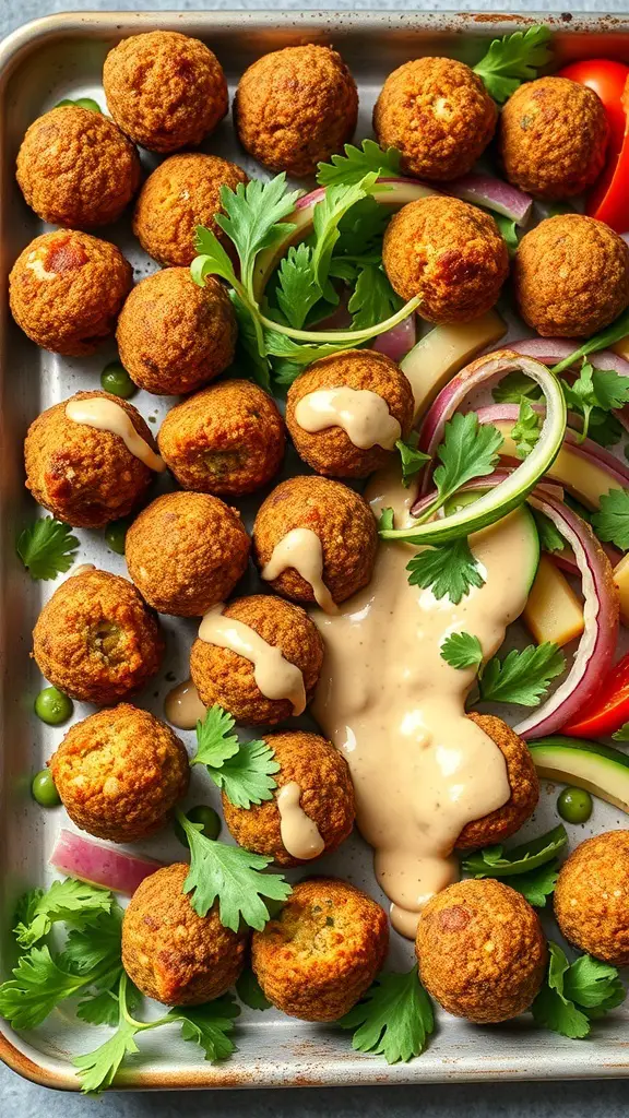 A tray of crispy falafel balls drizzled with tahini sauce, surrounded by fresh greens and colorful vegetables.