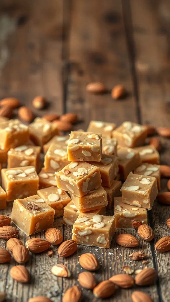 A close-up of Toffee Almond Fudge pieces surrounded by whole almonds on a wooden surface.