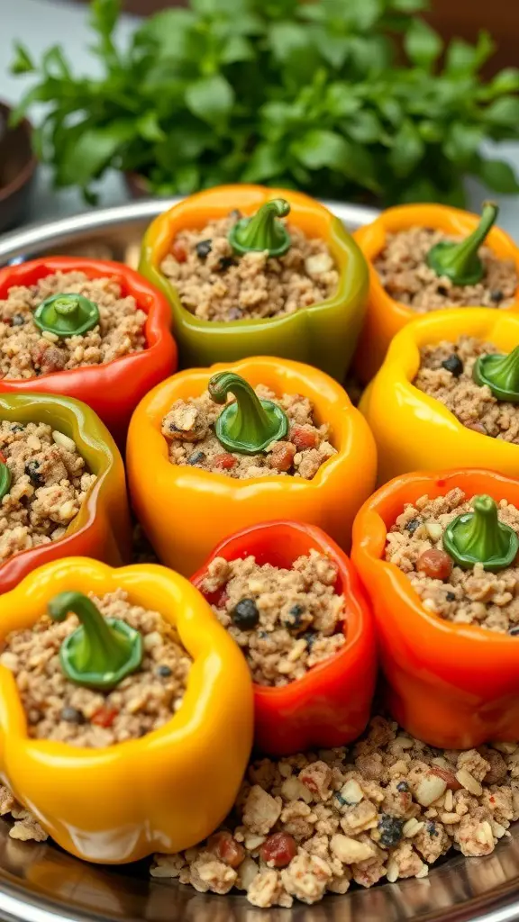 Colorful stuffed bell peppers filled with ground meat and rice