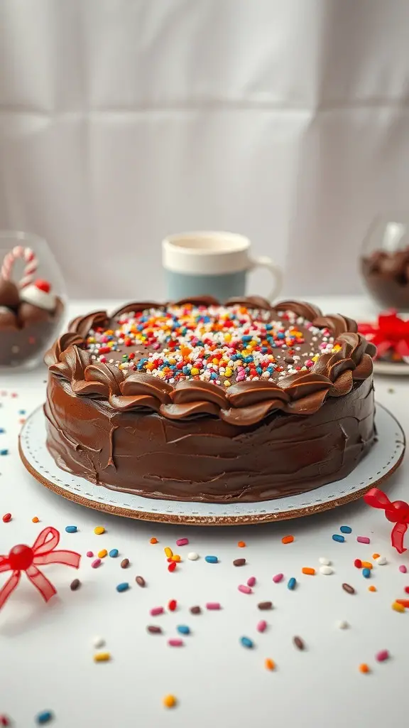 A chocolate sheet cake with colorful sprinkles on top, surrounded by festive decorations.