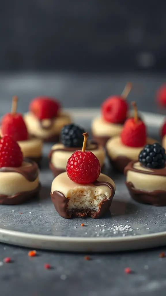 Chocolate dipped cheesecake bites topped with raspberries and blackberries on a plate.