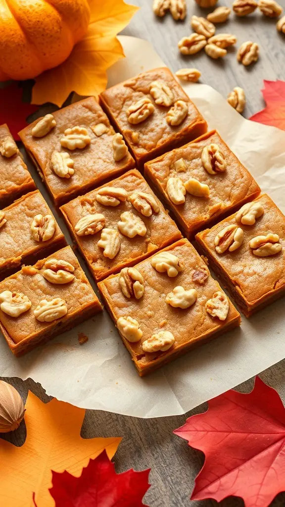 Pumpkin spice blondies topped with walnuts, surrounded by autumn leaves and a small pumpkin.