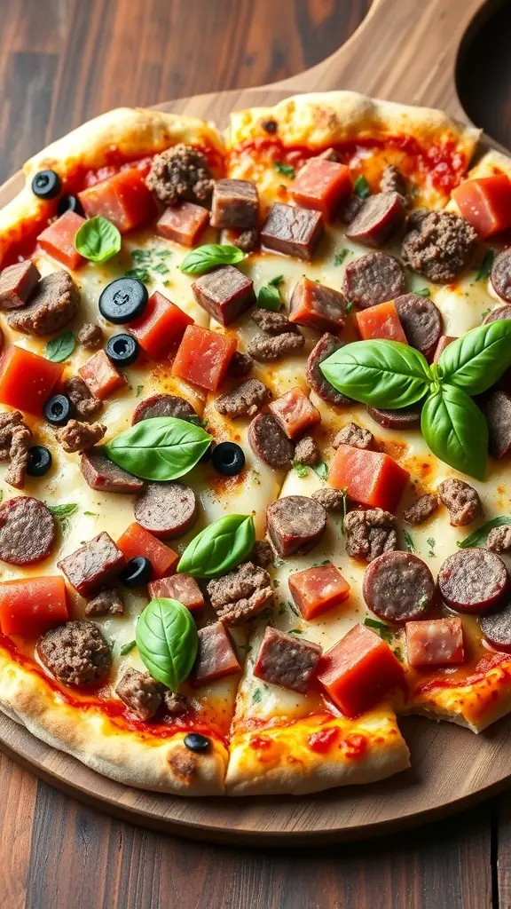 A delicious meat lovers' pizza topped with various meats and fresh basil.