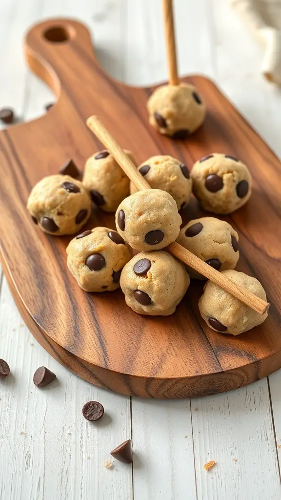 Peanut Butter Chocolate Chip Cookie Dough Bites on a wooden cutting board