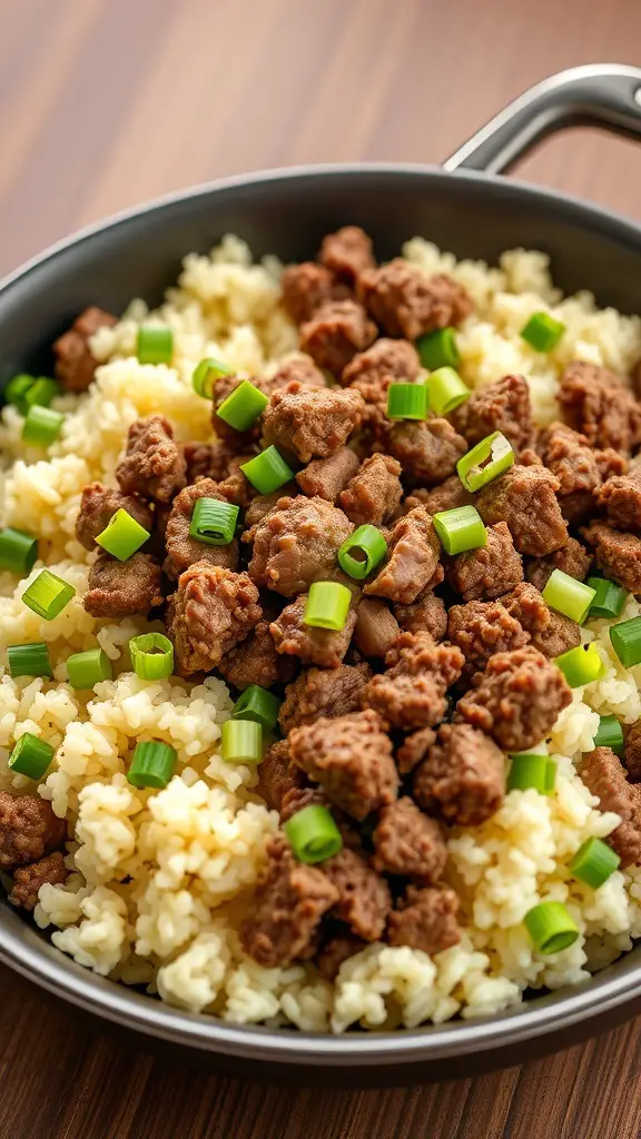 A skillet filled with ground beef and cauliflower rice, topped with green onions.