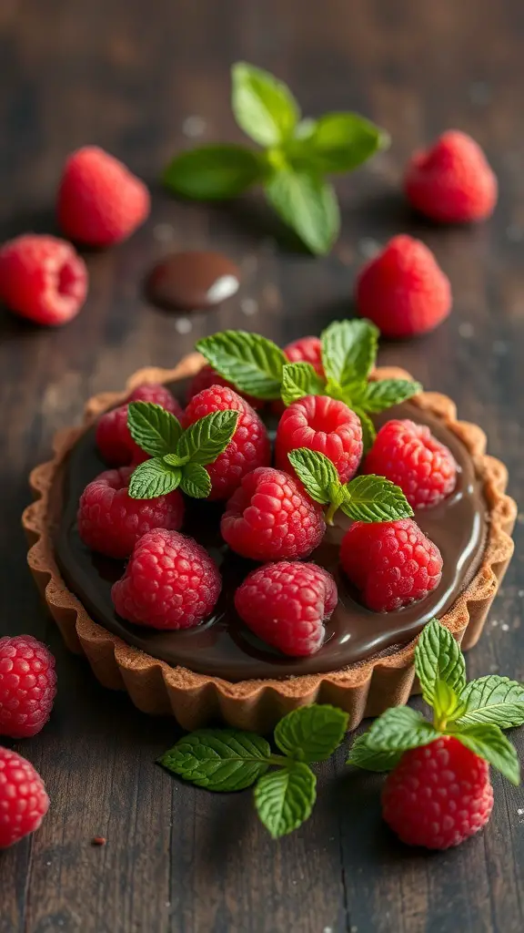 A chocolate raspberry tart topped with fresh raspberries and mint leaves.
