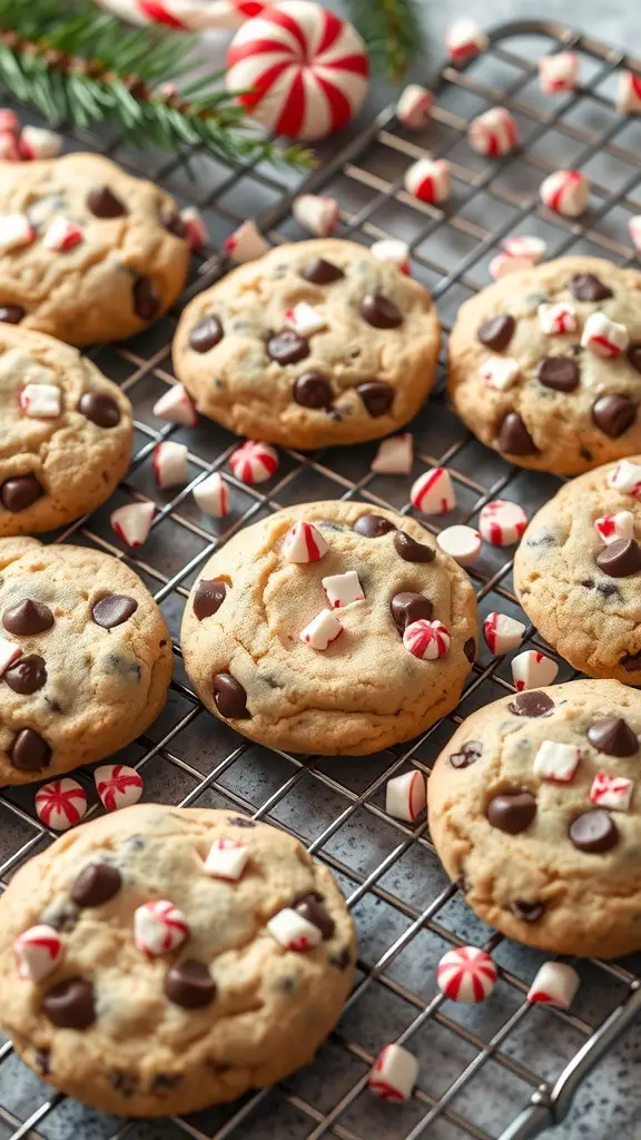 Chocolate chip peppermint cookies on a cooling rack with peppermint candies