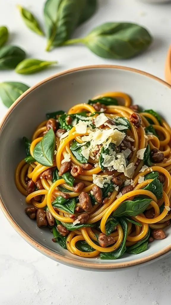 A bowl of lentil and spinach pasta topped with cheese, surrounded by fresh spinach leaves.