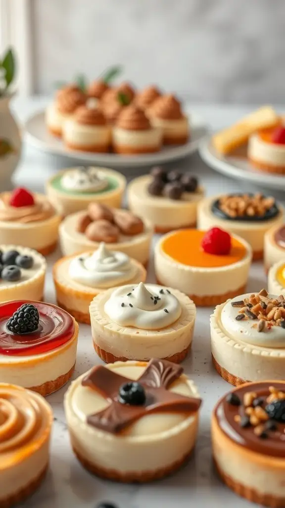 An assortment of mini cheesecakes with various toppings and flavors.