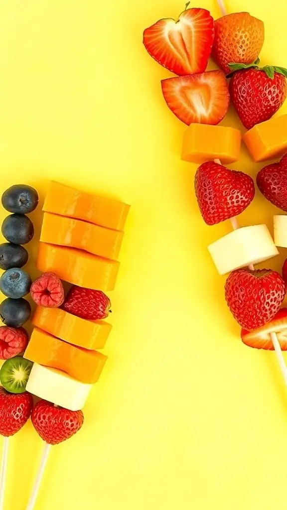 Colorful fruit skewers with strawberries, blueberries, mango, and bananas on a yellow background.