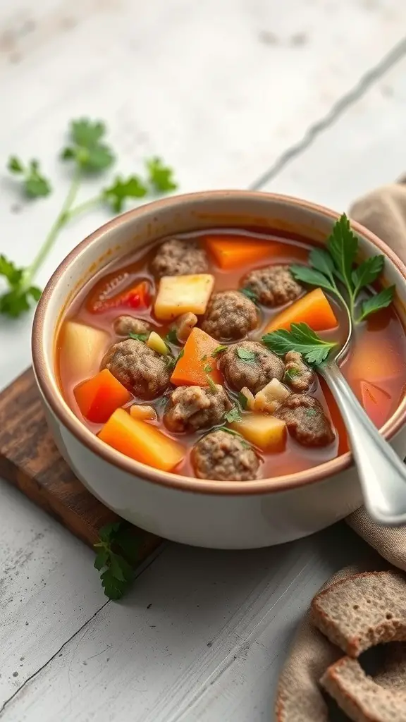 A bowl of hamburger soup with meatballs and low-carb vegetables.